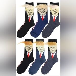 1 pair of Donald Trump Unisex Novelty Socks. One size fits most. 3 color choices